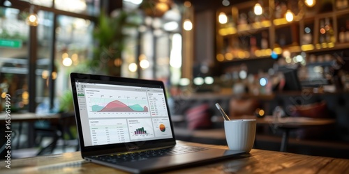Close Up Laptop Screen Business Intelligence Software Bright Sophisticated Cafe