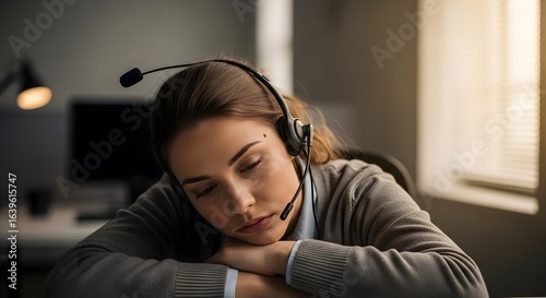 A tired female customer service representative wearing a headset, resting her head on her arms at a desk in an office setting.