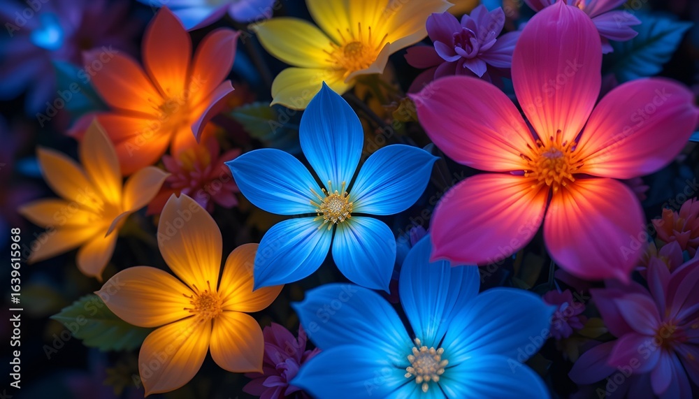 Fototapeta premium Affichage de fleurs synthétiques colorées avec des fleurs UV lumineuses