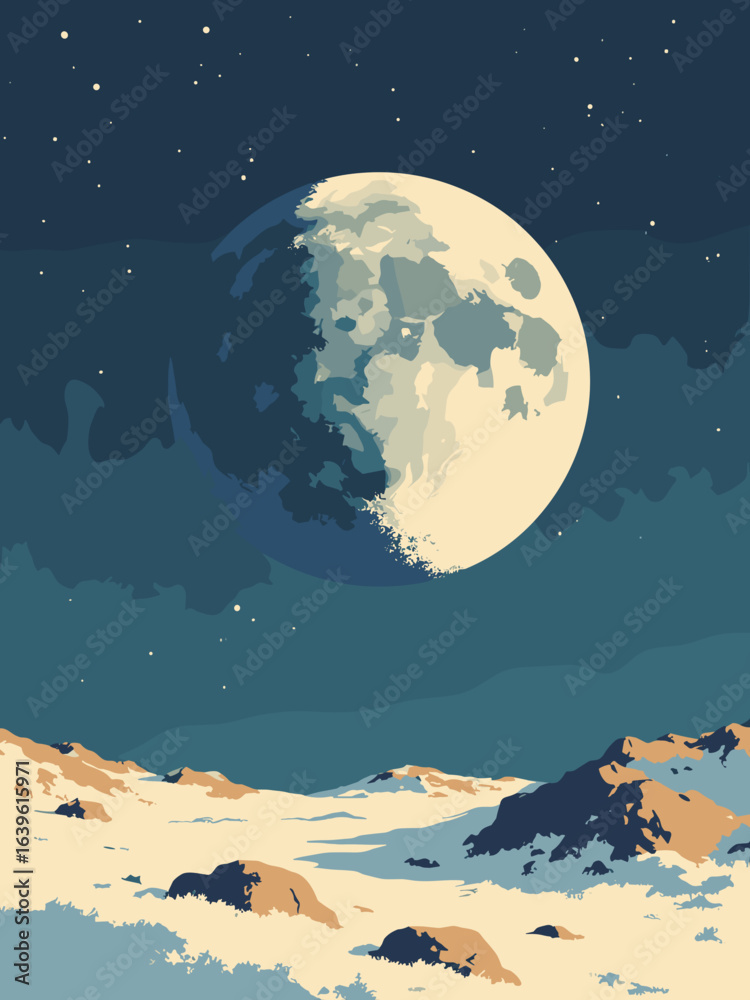 Fototapeta premium Moon – Shackleton rim at lunar south pole lit by grazing sunlight, palette: alabaster, shadow indigo, regolith tan, steel