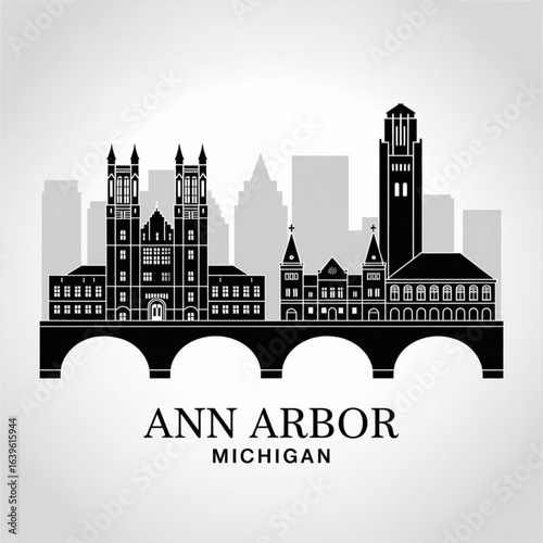 Ann Arbor Skyline Silhouette — A Vibrant University City in Southeastern Michigan Vector Illustration