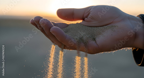 Handful of Sand Grains Falling Through Fingers at Sunset Desert Landscape Time Passing Ephemeral Concept
