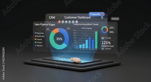 Futuristic crm customer dashboard infographic presenting sales pipeline stages and customer acquisition trends for business analytics