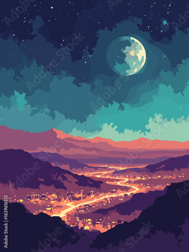 Mars – Night-side city-light concept across cratered plain with auroral glow, palette: ember, umber, neon teal, black