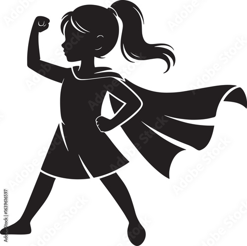 Empowered Girl Superhero Silhouette with Cape Standing Confidently in Black and White
