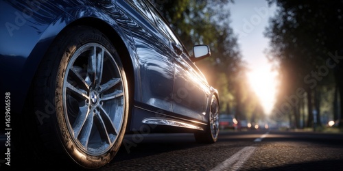 Dark Car on Road at Sunrise, Automotive Photography with Sun Flare and Trees
