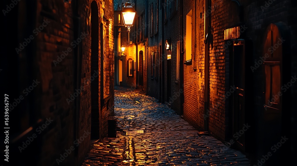 Fototapeta premium Walking Down Historic Alleyway at Night with Glowing Street Lights