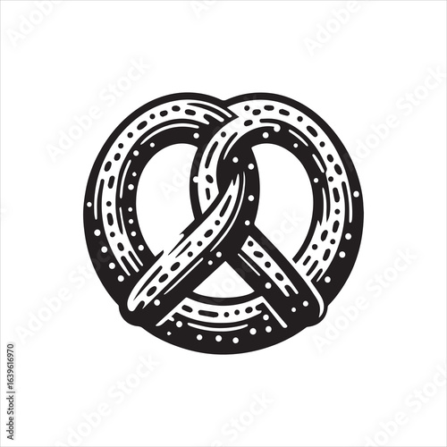 Detailed Black and White Pretzel with Textured Surface and Decorative Dots.