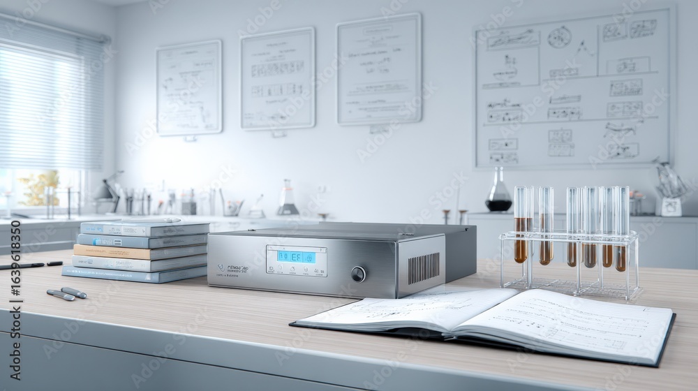 Fototapeta premium Laboratory Workspace Displaying Research Equipment, Test Tubes, Scientific Formulas and Publications in a Clean, Modern Setting