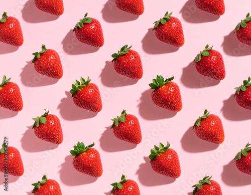 Seamless pattern of red strawberries with green leaves on a pink background.
