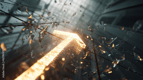 Arrow breaking through glass ceiling with glowing light around it.