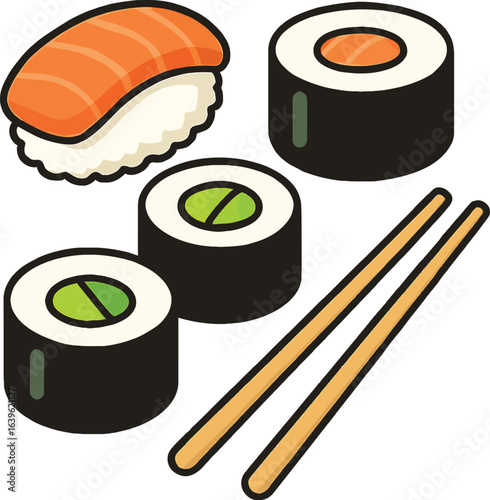 Isometric Sushi Set with Salmon Nigiri Maki Rolls and Chopsticks