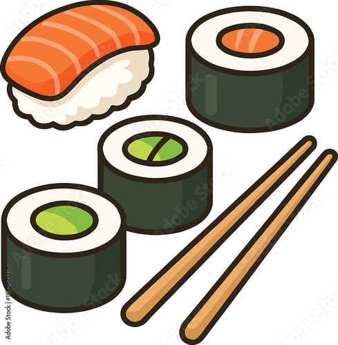 Colorful Cartoon Sushi Set with Chopsticks on a White Background