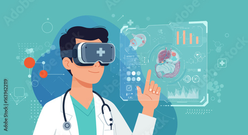 Doctor using VR headset interacting with medical display