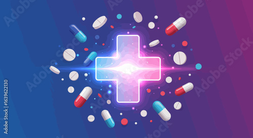 A luminous plus sign with pills and capsules scattered around
