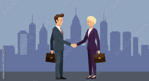 Business partners shaking hands with cityscape background
