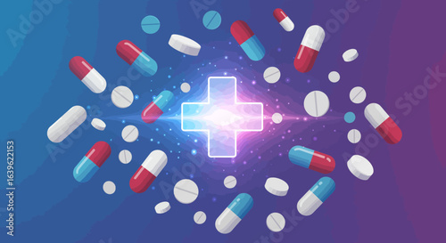 Pills and capsules float around a glowing white cross on a gradient background