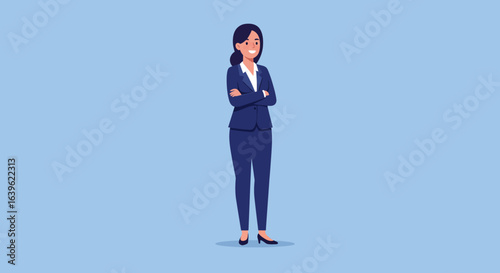 A businesswoman in a suit with arms crossed against a blue background