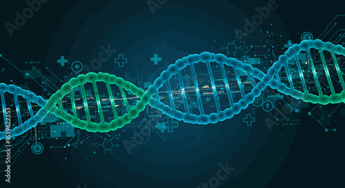 A blue and green DNA helix against a dark techthemed background