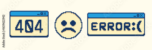 Old computer browser in 90s with 404 error pixel message boxes and popup user interface elements, Vector illustration of UI