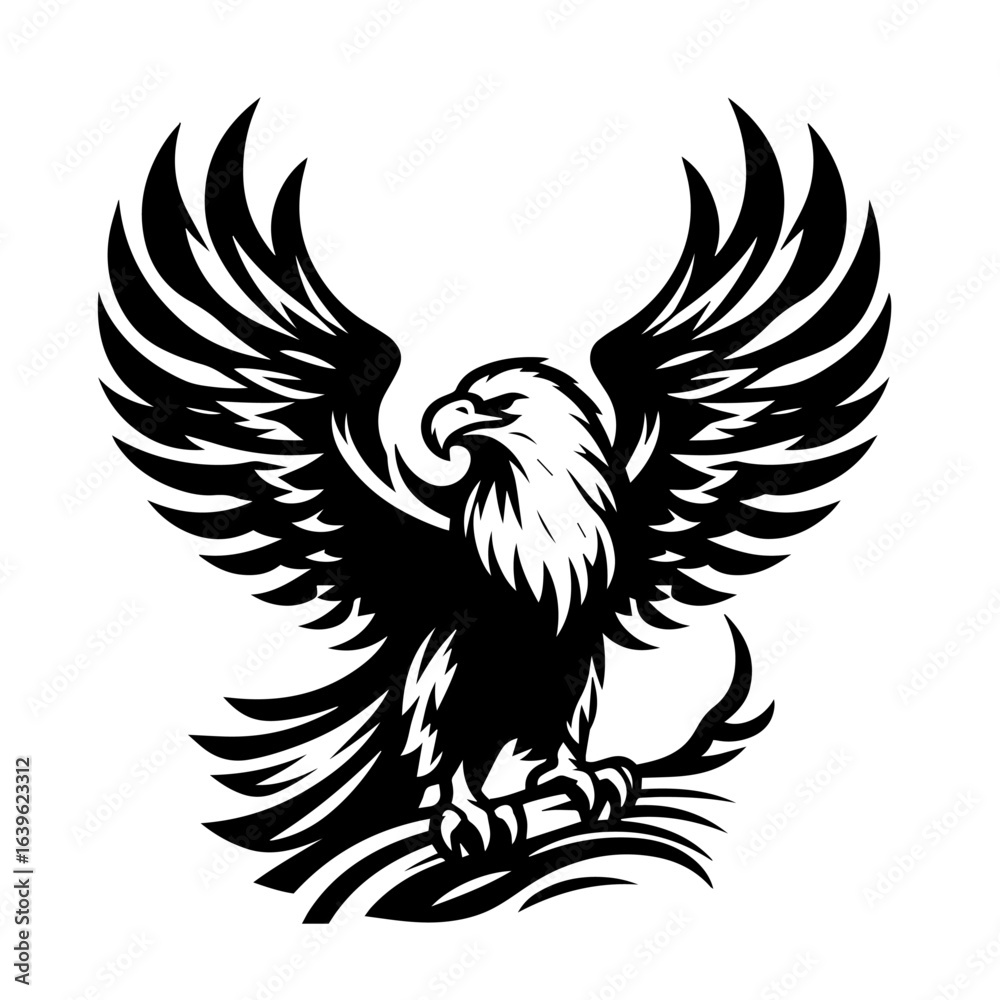 Fototapeta premium Black and white silhouette vector of on eagle white background 