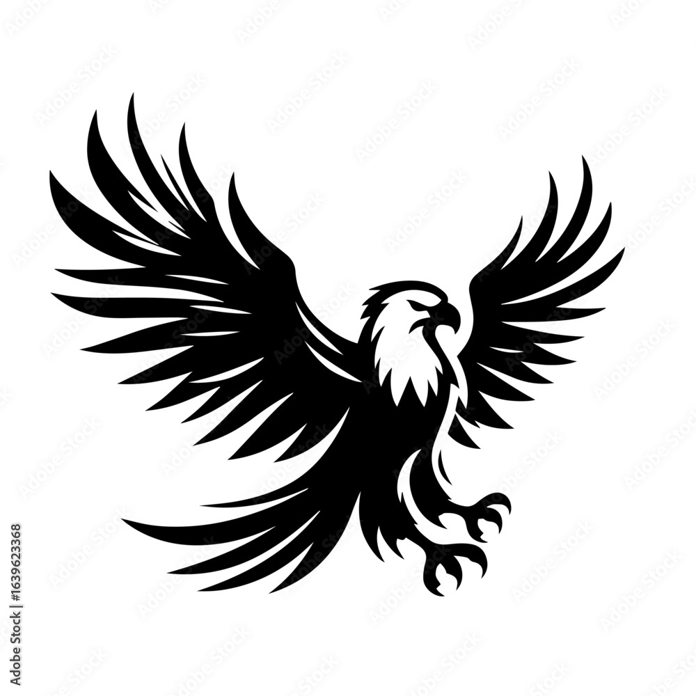 Fototapeta premium Black and white silhouette vector of on eagle white background 