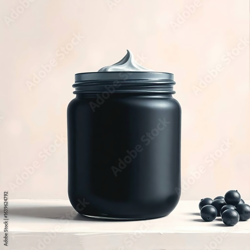 Minimalist studio setup featuring a black jar of skincare cream with natural berry ingredients