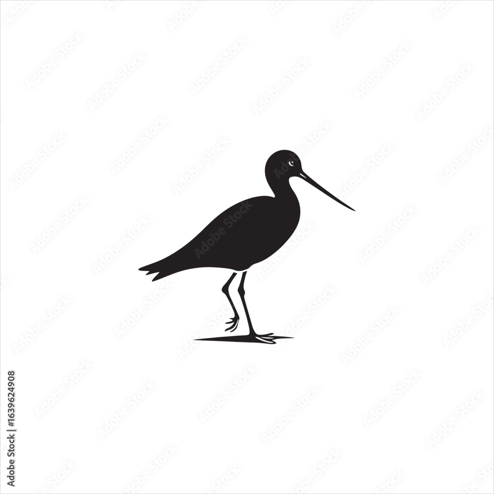Fototapeta premium Elegant Godwit Silhouette Vector Art – Long-Legged Shorebird with Straight Beak, Minimal Black Outline Perfect for Coastal Wildlife Themes, Nature Logos, Wetland Illustrations, and Decorative Prints 