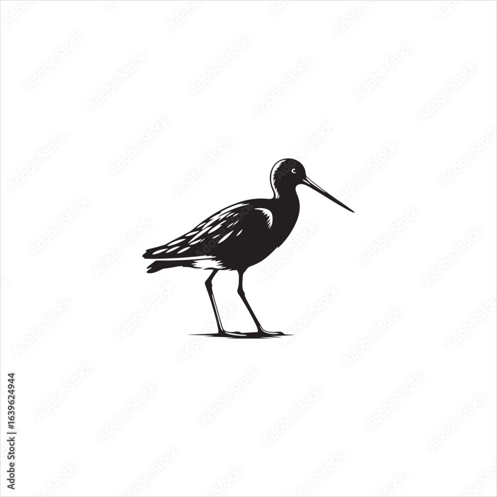 Obraz premium Elegant Godwit Silhouette Vector Art – Long-Legged Shorebird with Straight Beak, Minimal Black Outline Perfect for Coastal Wildlife Themes, Nature Logos, Wetland Illustrations, and Decorative Prints 