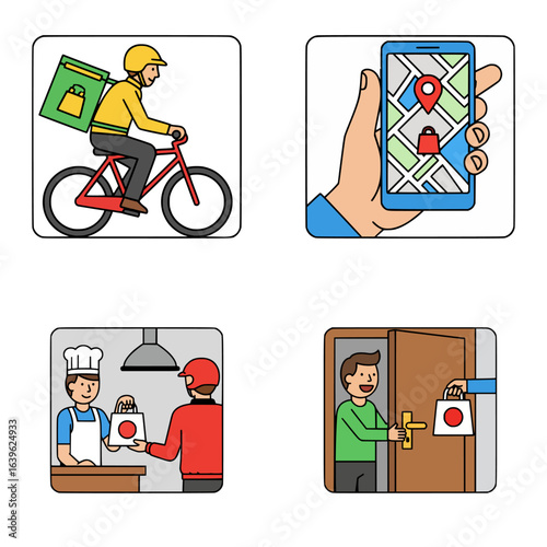 Colorful flat design icons of online food ordering process with rider, GPS map, restaurant handoff, and doorstep delivery
