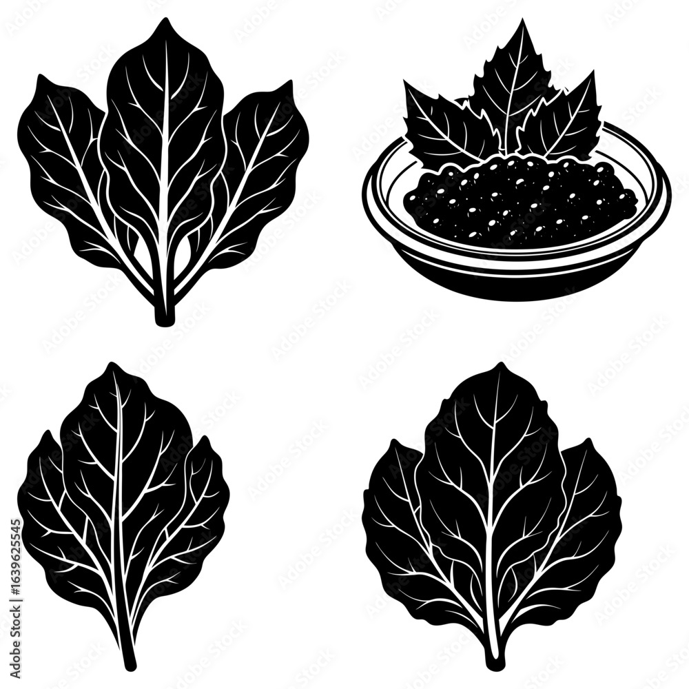 Fototapeta premium Illustration showing spinach leaves and a bowl of caviar in a black and white design style