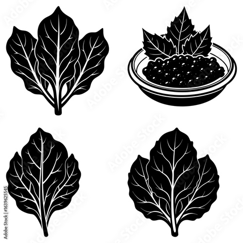 Illustration showing spinach leaves and a bowl of caviar in a black and white design style