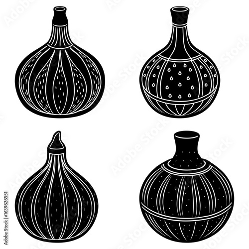 Four decorative black and white vases with unique patterns and shapes arranged in a square format design