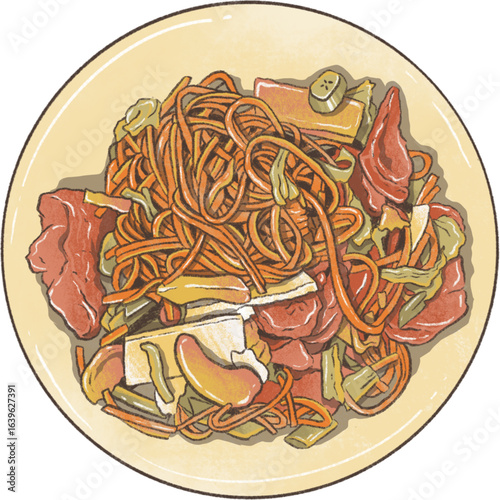 Simple graphic icon of a meal in a bowl with a fork, representing healthy eating, diet, and nutrition concepts. A minimalist illustration for food-related designs.