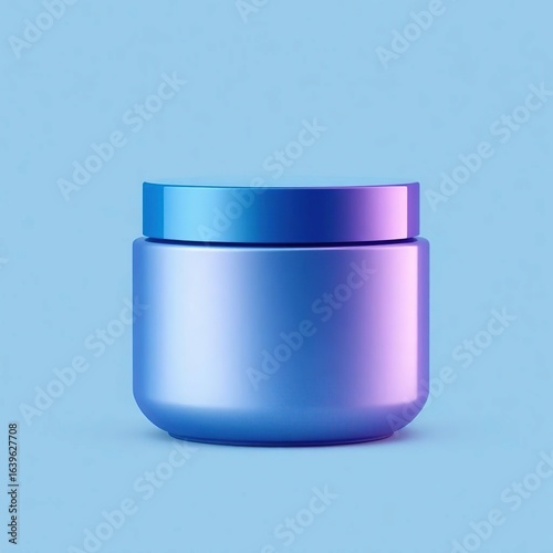 Sleek blue cosmetic jar with an iridescent purple sheen, isolated on a pastel blue background for product mockups.