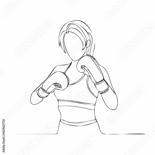 Minimalist line art illustration of a female boxer in a fighting stance wearing boxing gloves and a sports bra, ready for action.