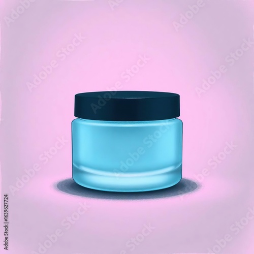 Skincare product mockup featuring a light blue cosmetic jar on a soft pink background