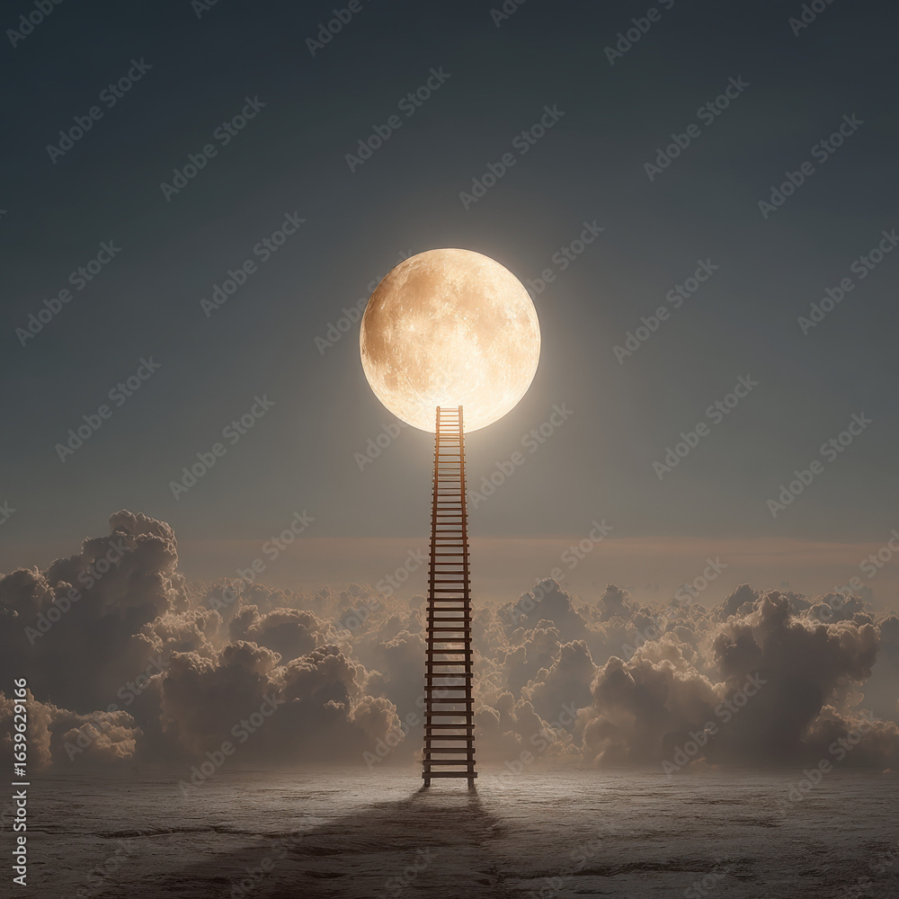 Fototapeta premium Ladder leading to surreal full moon – Minimal, Surreal and Abstract Lofi Album Cover Art