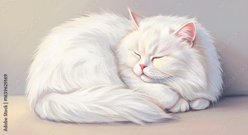 Fototapeta premium A digital drawing of a sleeping white fluffy cat curled up