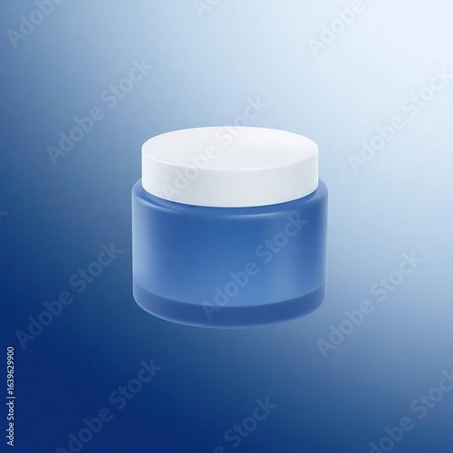 Minimalist blue cosmetic cream jar with a white lid, an ideal mockup for skincare product branding on a gradient background.