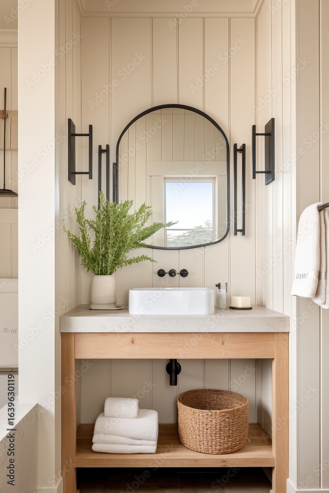Fototapeta premium Farmhouse Powder Room Small Bathroom Light Earthy Colors Vanity Lights