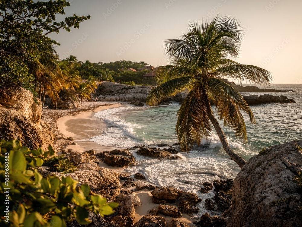 Fototapeta premium Tropical beach cove at sunset. Lush greenery, rocky shoreline, palm trees frame a tranquil cove, gentle waves lap onto the sandy beach