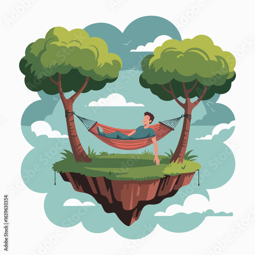 A man relaxing in a hammock strung between two trees on a floating island in the sky illustration
