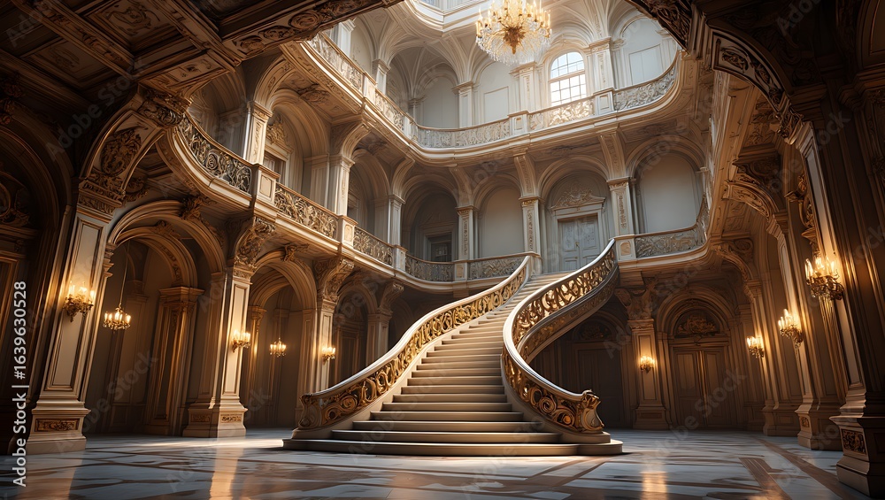 Obraz premium Grand Staircase Hall Majestic Architecture and Ornate Design Captivating Interior with Marble Flooring and Elegant Chandeliers Showcasing Classic Luxury