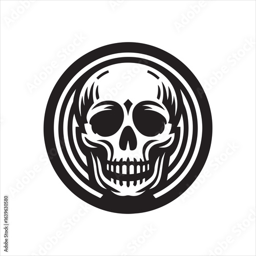 Stylized Skull Emblem Bold Black and White Graphic with Circular Border.