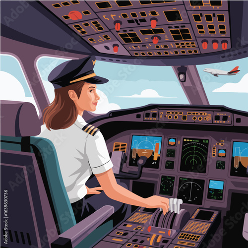A female pilot in the cockpit of an airplane with an airplane flying in the blue sky in the distance