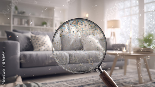 living room in a clean house. Use a magnifying glass to see the particles of mold, odor and viruses in the air. 3d illustration.