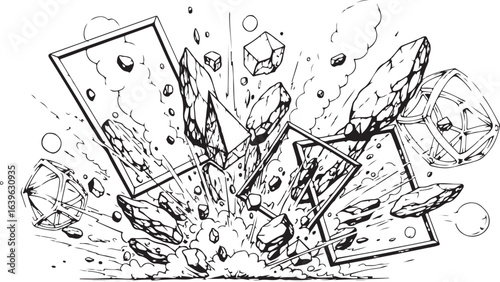 Black and white explosion illustration, shattered frames, vector art