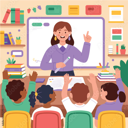 Illustration of a teacher in a classroom with students raising their hands in front of a whiteboard