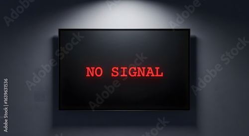 A modern television displaying a red 'NO SIGNAL' error message on a black screen, symbolizing disconnection and technology failure.